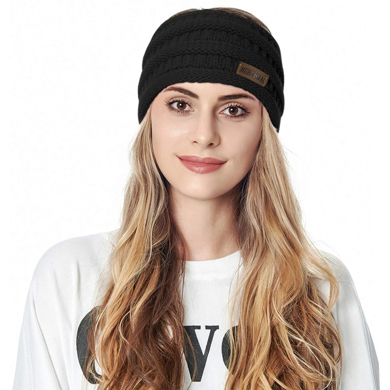 Muryobao 2 Pack Women Winter Ear Warmer Headband Cable Knit Fuzzy Fleece Lined Head Wrap Stretchy Thick Headband Black & Light Grey
