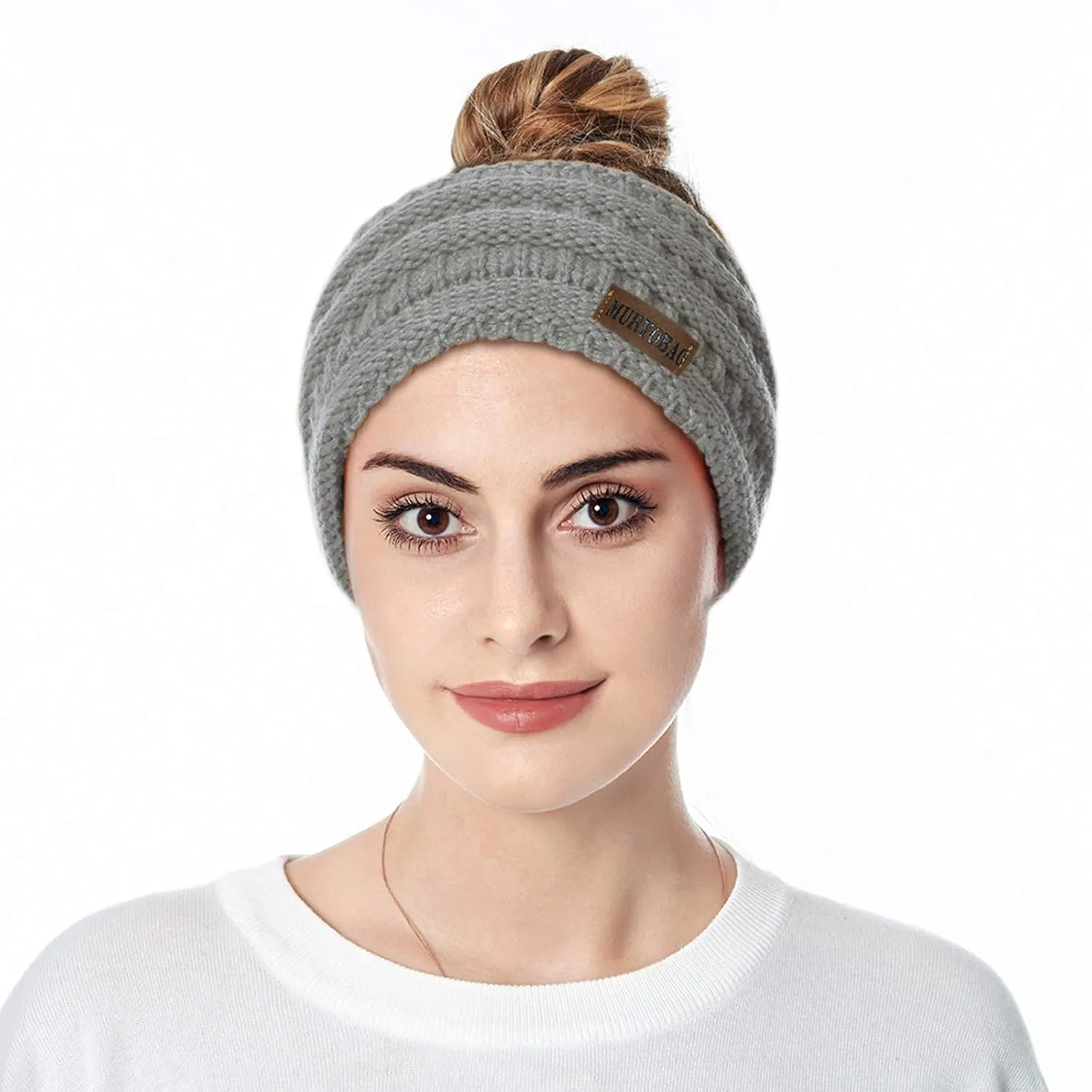 Muryobao 2 Pack Women Winter Ear Warmer Headband Cable Knit Fuzzy Fleece Lined Head Wrap Stretchy Thick Headband Black & Light Grey