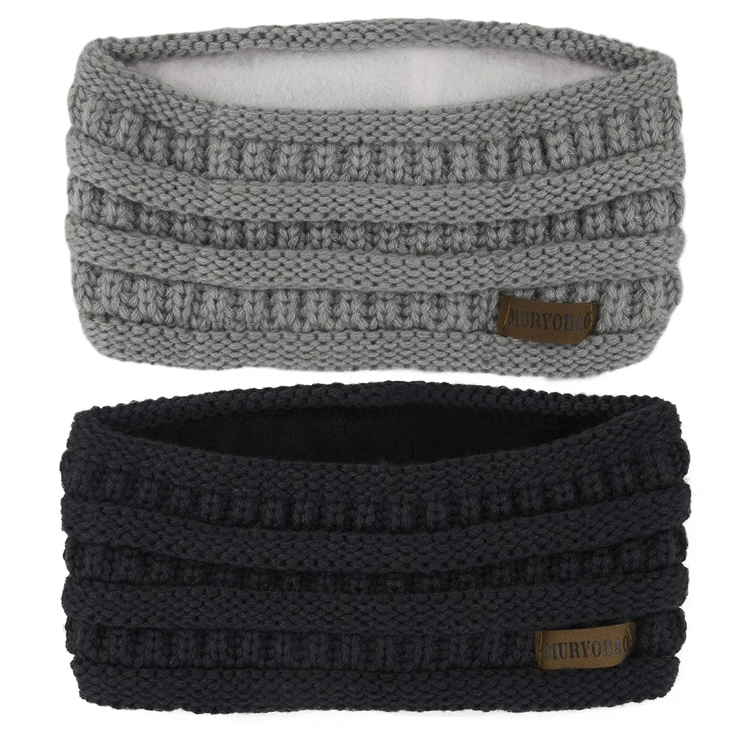 Muryobao 2 Pack Women Winter Ear Warmer Headband Cable Knit Fuzzy Fleece Lined Head Wrap Stretchy Thick Headband Black & Light Grey