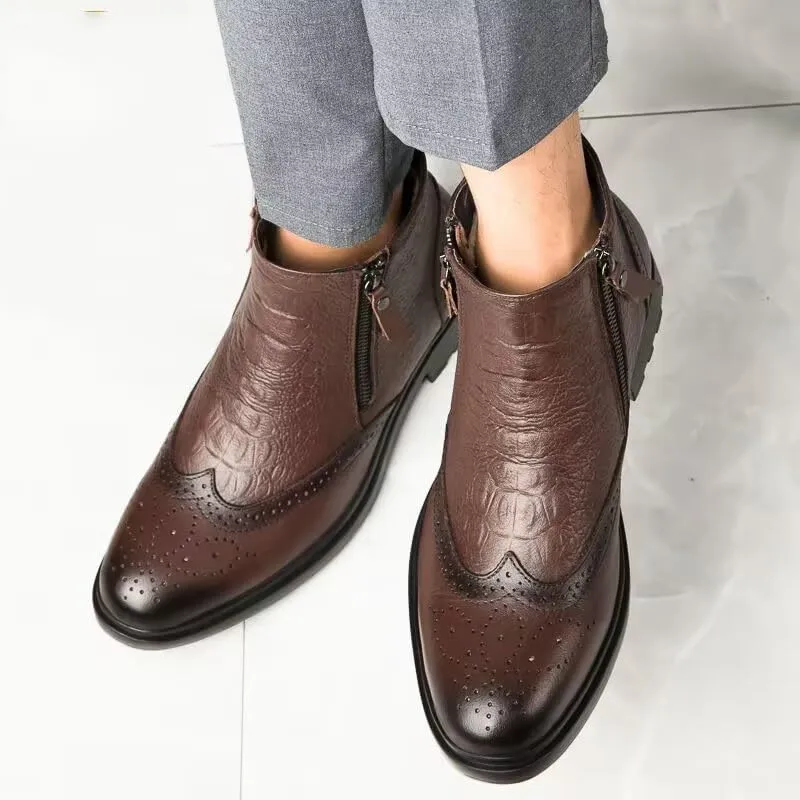 New Ankle Boots For Men Non Slip Anti-slip Block Heel Leather Brogue Embossed Wingtips Double Side Zip Vintage Stylish Casual