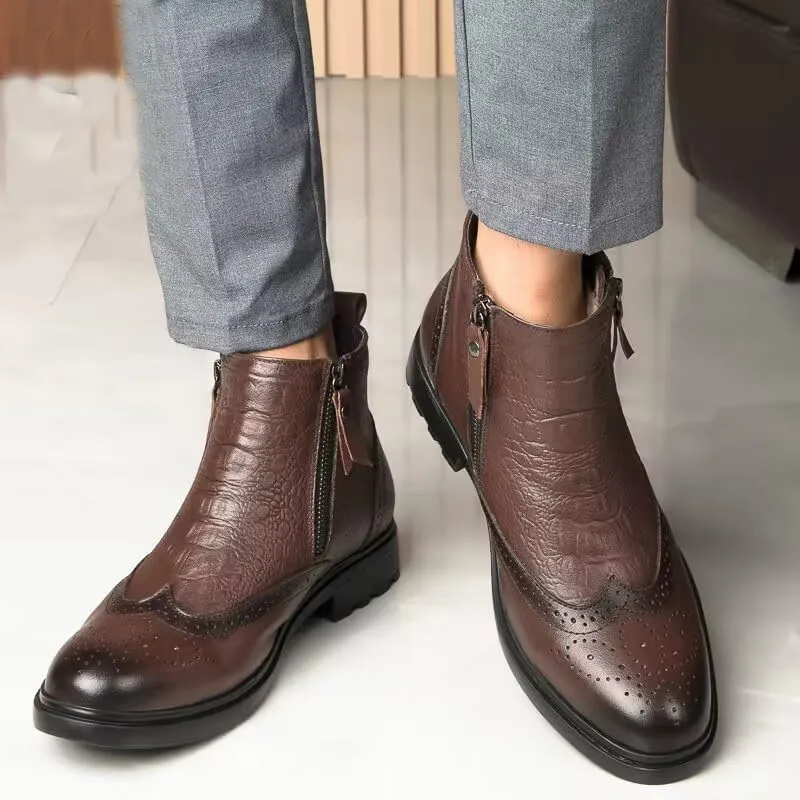 New Ankle Boots For Men Non Slip Anti-slip Block Heel Leather Brogue Embossed Wingtips Double Side Zip Vintage Stylish Casual