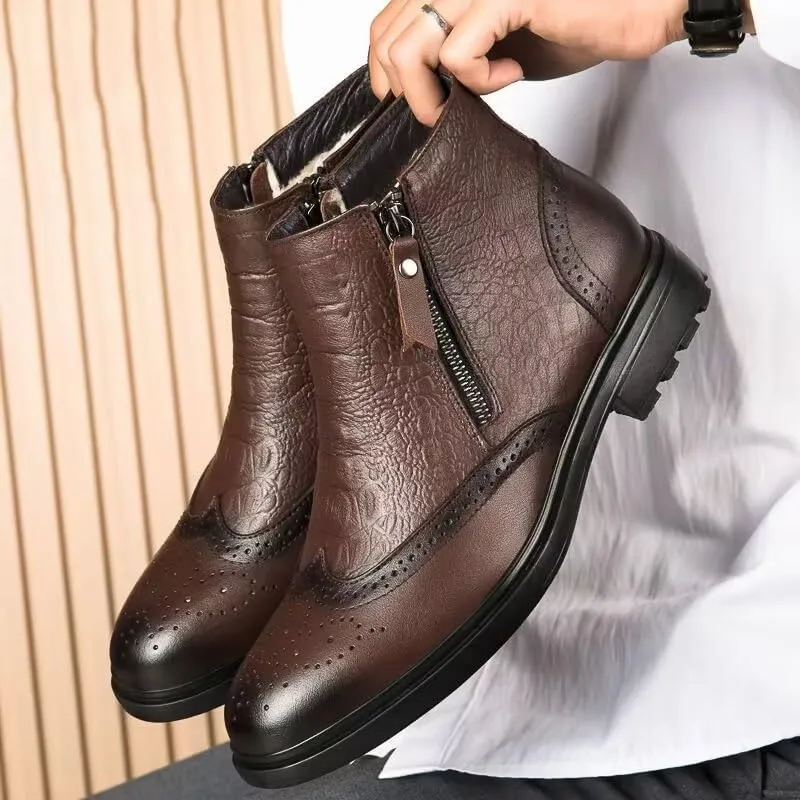 New Ankle Boots For Men Non Slip Anti-slip Block Heel Leather Brogue Embossed Wingtips Double Side Zip Vintage Stylish Casual