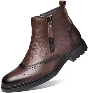 New Ankle Boots For Men Non Slip Anti-slip Block Heel Leather Brogue Embossed Wingtips Double Side Zip Vintage Stylish Casual