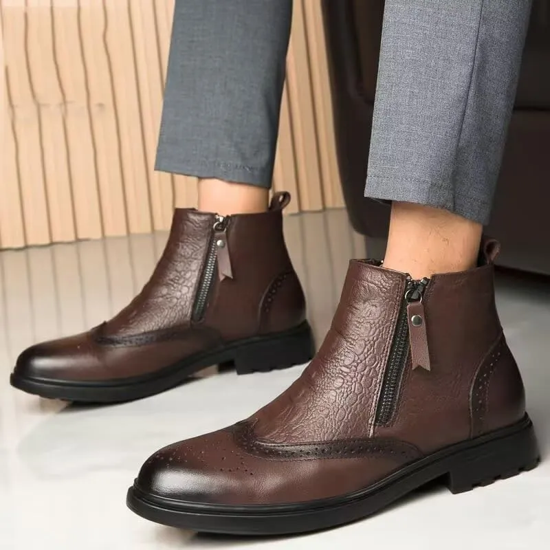 New Ankle Boots For Men Non Slip Anti-slip Block Heel Leather Brogue Embossed Wingtips Double Side Zip Vintage Stylish Casual