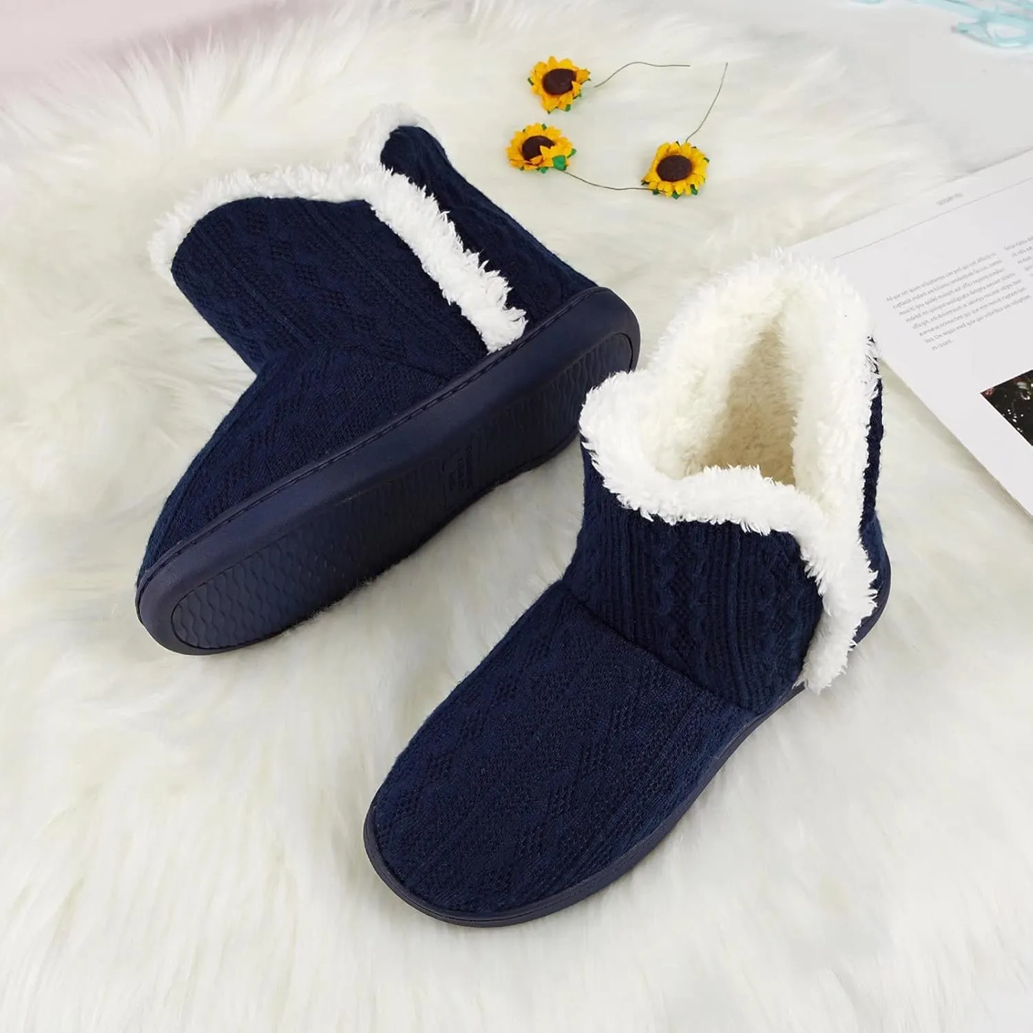 NineCiFun Women's Fuzzy Winter Bootie Slippers Knitted Ankle Boots Slippers Warm House Shoes Outdoor Indoor with Plush Fur Lining