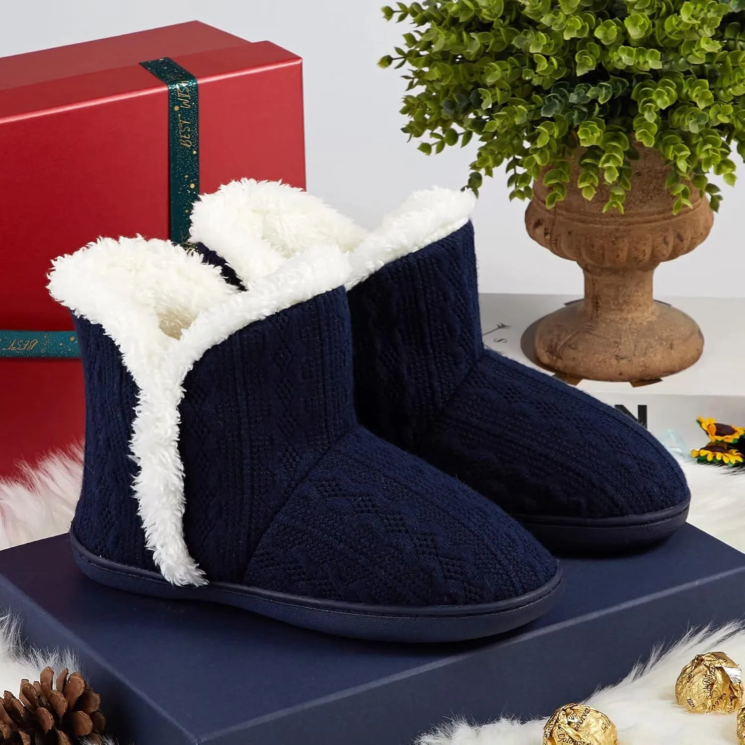 NineCiFun Women's Fuzzy Winter Bootie Slippers Knitted Ankle Boots Slippers Warm House Shoes Outdoor Indoor with Plush Fur Lining