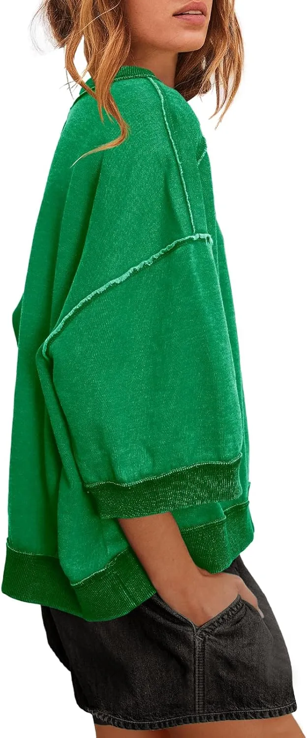 Nirovien Womens Oversized Sweatshirt 3/4 Sleeve Crewneck Sweatshirts Summer Color Block Pullover Tops