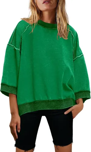 Nirovien Womens Oversized Sweatshirt 3/4 Sleeve Crewneck Sweatshirts Summer Color Block Pullover Tops