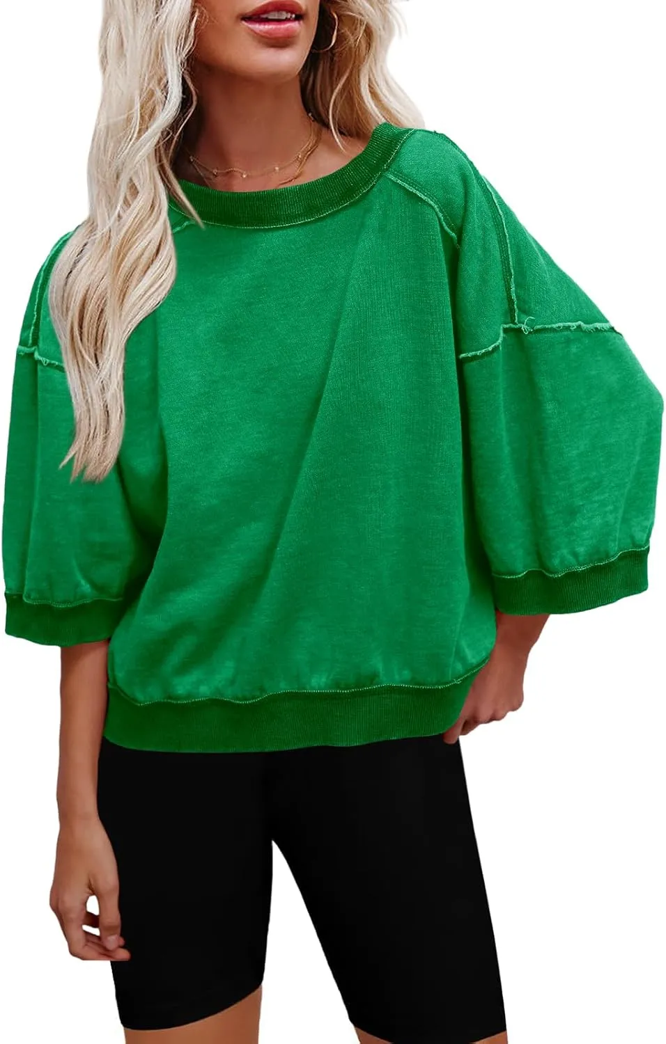 Nirovien Womens Oversized Sweatshirt 3/4 Sleeve Crewneck Sweatshirts Summer Color Block Pullover Tops