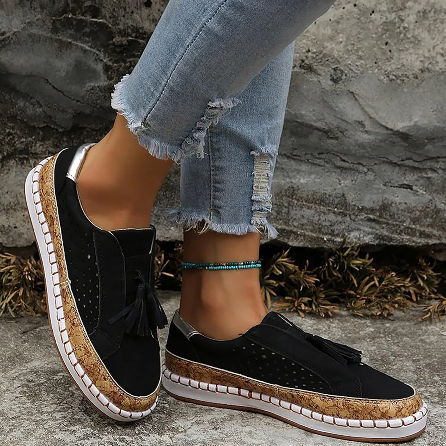 Non Slip Shoes Women Low Top Tassel Two-Color Stitching Athletic Shoes Casual Fashion Comfortable Walking Sneakers