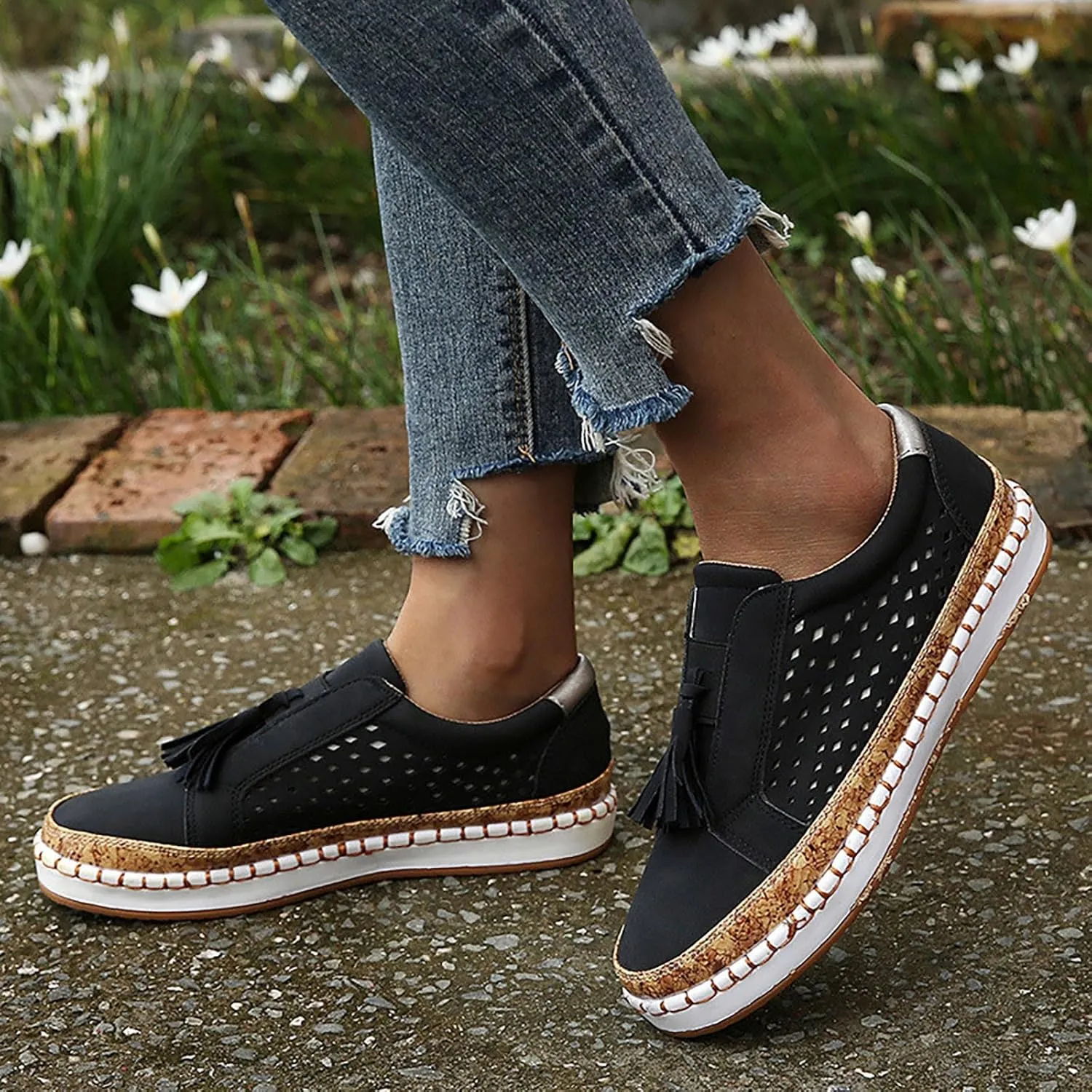 Non Slip Shoes Women Low Top Tassel Two-Color Stitching Athletic Shoes Casual Fashion Comfortable Walking Sneakers