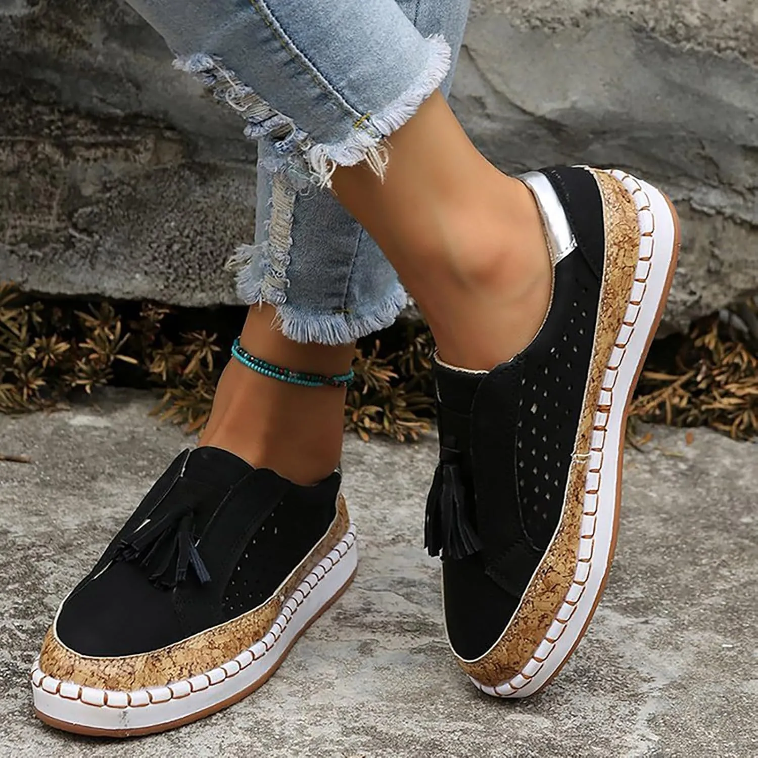 Non Slip Shoes Women Low Top Tassel Two-Color Stitching Athletic Shoes Casual Fashion Comfortable Walking Sneakers