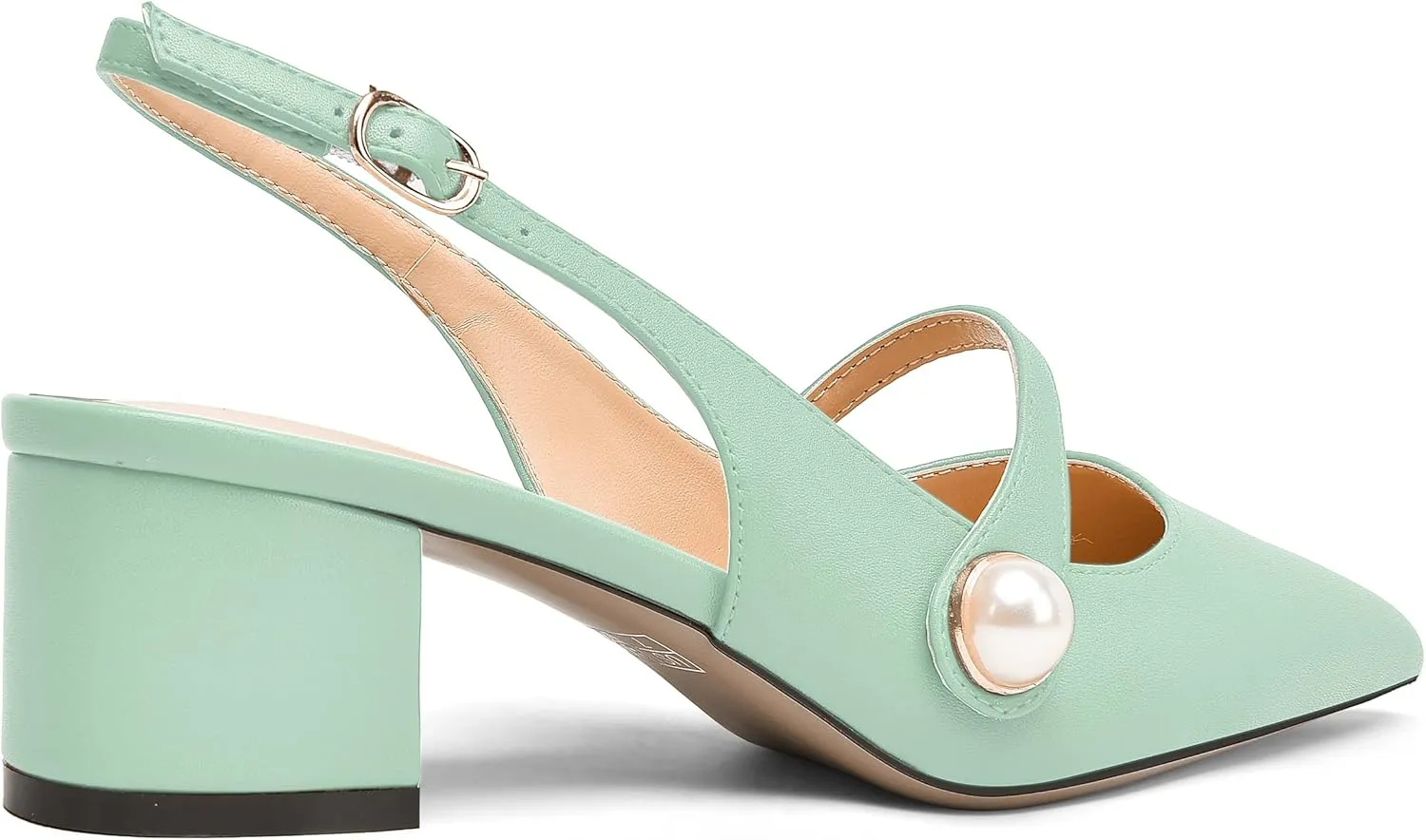 NUMALEO Womens Buckle Dating Pointed Toe Pearl Solid Ankle Strap Dress Gingham Matte Chunky Low Heel Pumps Shoes 2 Inch