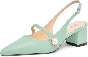 NUMALEO Womens Buckle Dating Pointed Toe Pearl Solid Ankle Strap Dress Gingham Matte Chunky Low Heel Pumps Shoes 2 Inch