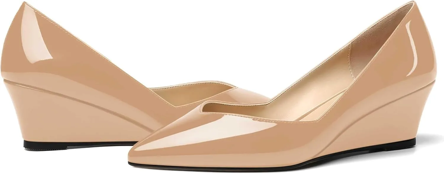 NUMALEO Womens Office Patent Pointed Toe Casual Slip On Solid Wedge Low Heel Pumps Shoes 2 Inch