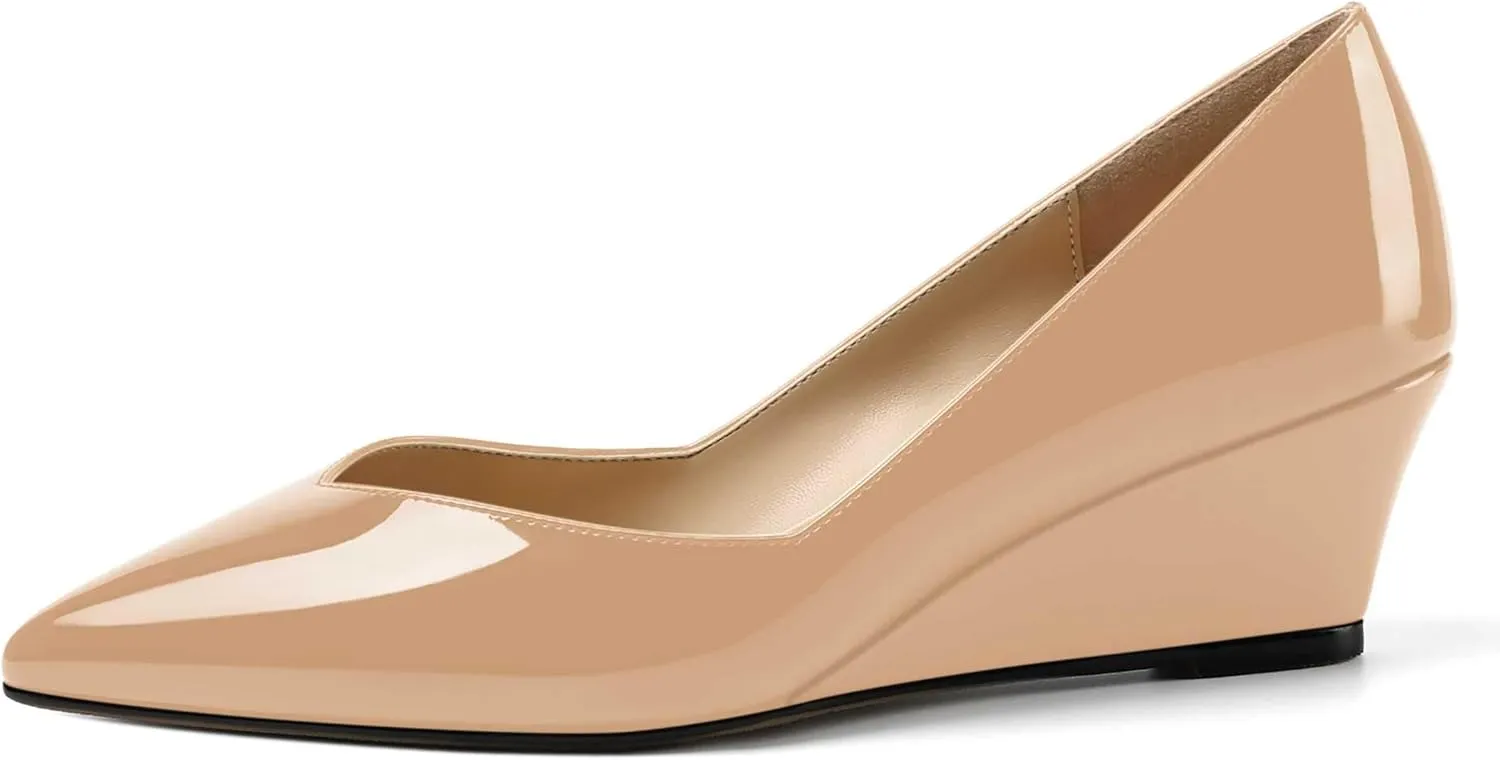 NUMALEO Womens Office Patent Pointed Toe Casual Slip On Solid Wedge Low Heel Pumps Shoes 2 Inch