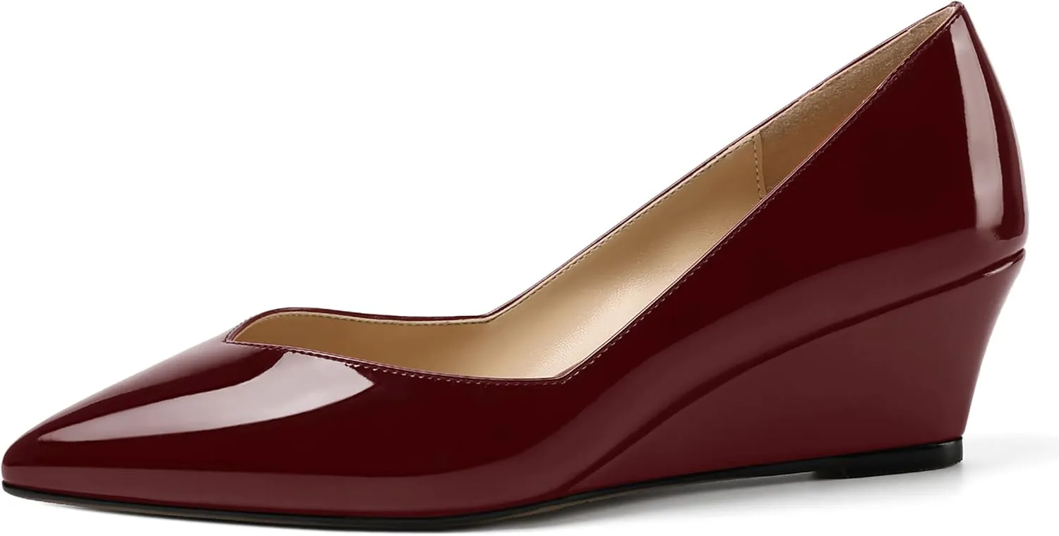 NUMALEO Womens Office Patent Pointed Toe Casual Slip On Solid Wedge Low Heel Pumps Shoes 2 Inch