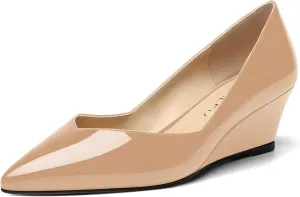 NUMALEO Womens Office Patent Pointed Toe Casual Slip On Solid Wedge Low Heel Pumps Shoes 2 Inch