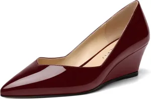 NUMALEO Womens Office Patent Pointed Toe Casual Slip On Solid Wedge Low Heel Pumps Shoes 2 Inch