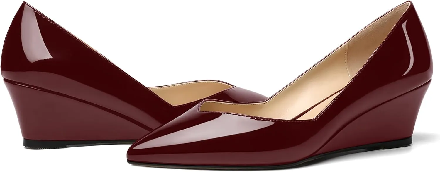 NUMALEO Womens Office Patent Pointed Toe Casual Slip On Solid Wedge Low Heel Pumps Shoes 2 Inch