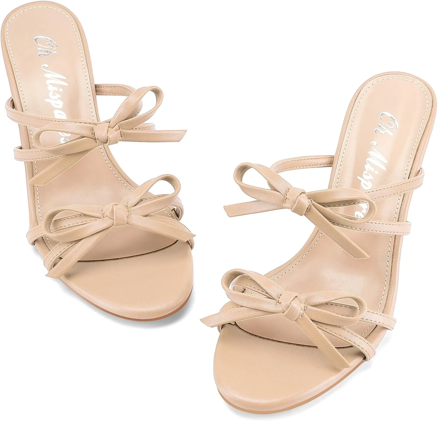 Oh Mispares Black Heels with Bow for Women Cute Sandals Round Open Toe Strappy Heeled Mules 2 Inch Elegant Heeled Stiletto Slides for Wedding Party Prom