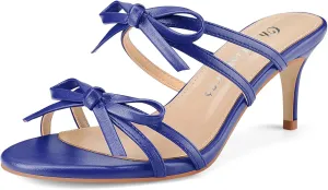 Oh Mispares Black Heels with Bow for Women Cute Sandals Round Open Toe Strappy Heeled Mules 2 Inch Elegant Heeled Stiletto Slides for Wedding Party Prom