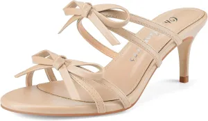 Oh Mispares Black Heels with Bow for Women Cute Sandals Round Open Toe Strappy Heeled Mules 2 Inch Elegant Heeled Stiletto Slides for Wedding Party Prom