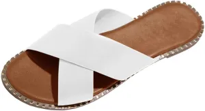 oiangi Slide Sandals Women Studded Flats Summer Casual Open Toe Slip-On Mule Crossed Strap Slipper Comfortable Ladies Shoes