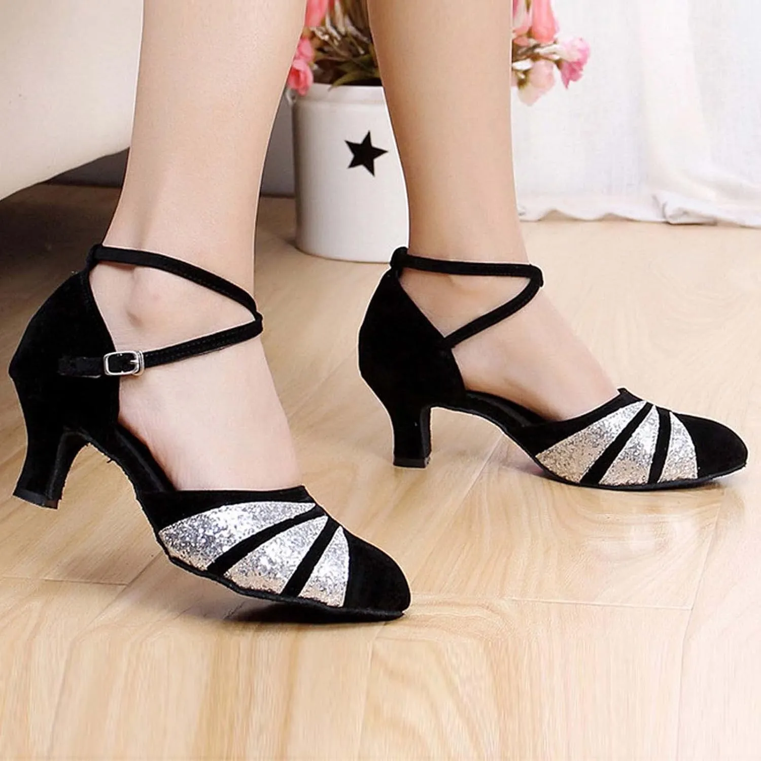 oiangi Women's Satin Latin Dance Shoes 2023 Summer Fashion Closed Toe Ankle Straps Buckle Heeled Sandals Ballroom Salsa Tango Party Sequin Dance Shoes