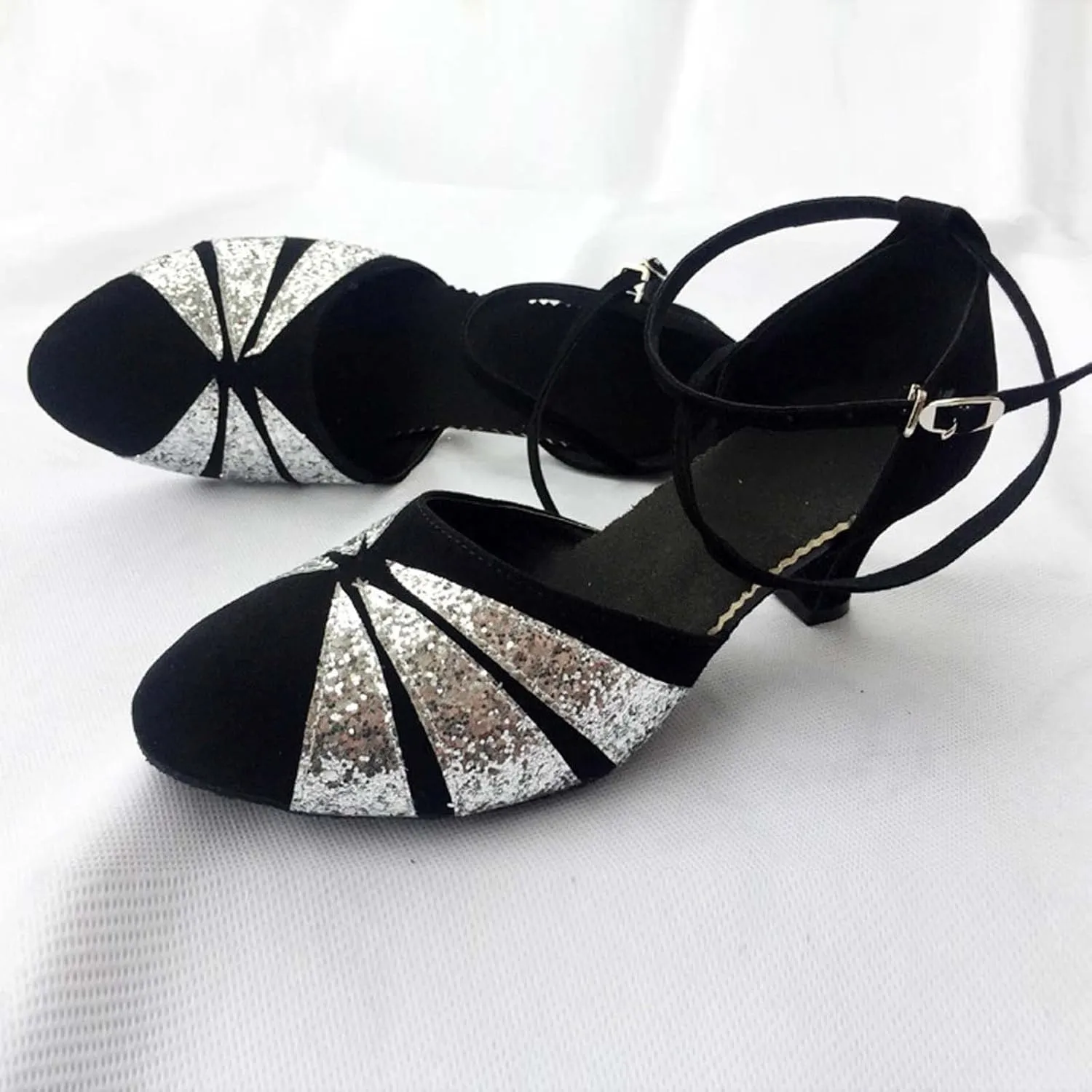 oiangi Women's Satin Latin Dance Shoes 2023 Summer Fashion Closed Toe Ankle Straps Buckle Heeled Sandals Ballroom Salsa Tango Party Sequin Dance Shoes