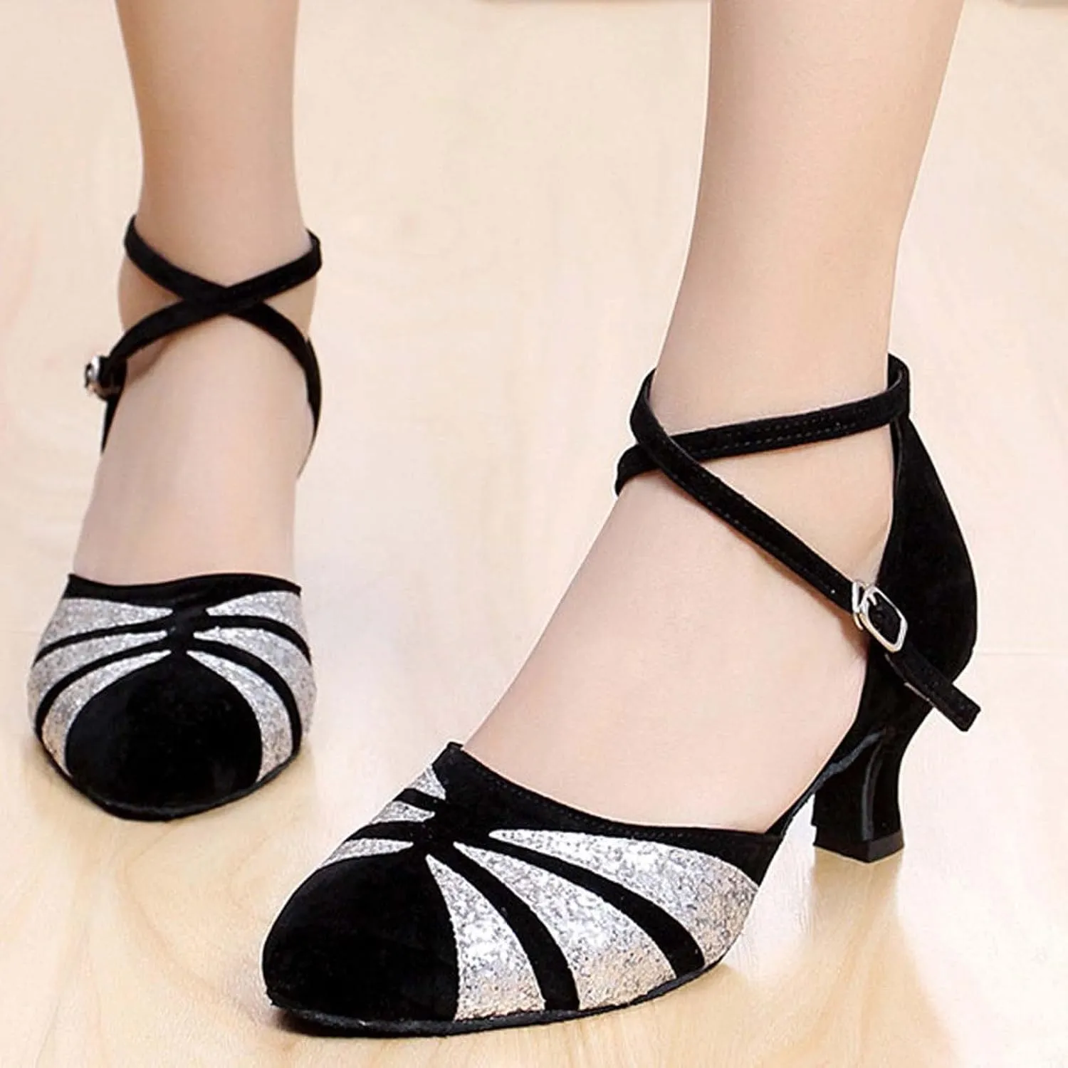 oiangi Women's Satin Latin Dance Shoes 2023 Summer Fashion Closed Toe Ankle Straps Buckle Heeled Sandals Ballroom Salsa Tango Party Sequin Dance Shoes