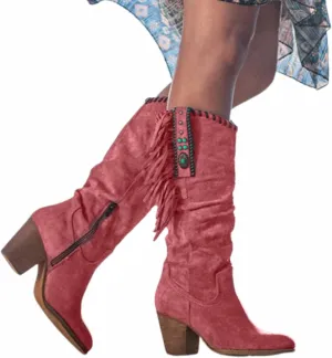 OMEARK Women's Cowboy Tall Boots, Fashion Round Toe High Heel Long Boots with Fringe, Winter Suede Wide Calf Western Cowboy Boots Side Zipper Thick Heels Biker Boots for Ladies