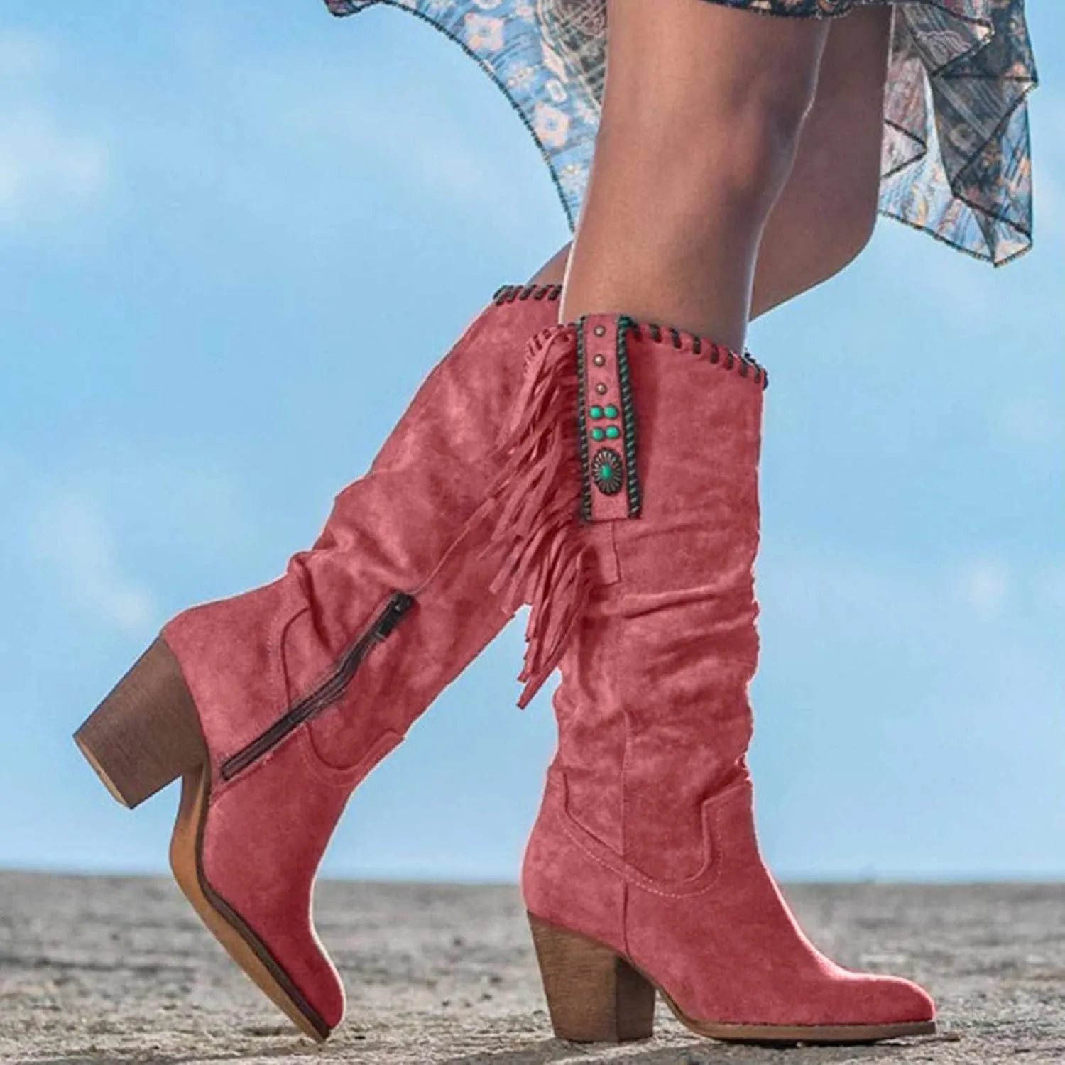 OMEARK Women's Cowboy Tall Boots, Fashion Round Toe High Heel Long Boots with Fringe, Winter Suede Wide Calf Western Cowboy Boots Side Zipper Thick Heels Biker Boots for Ladies