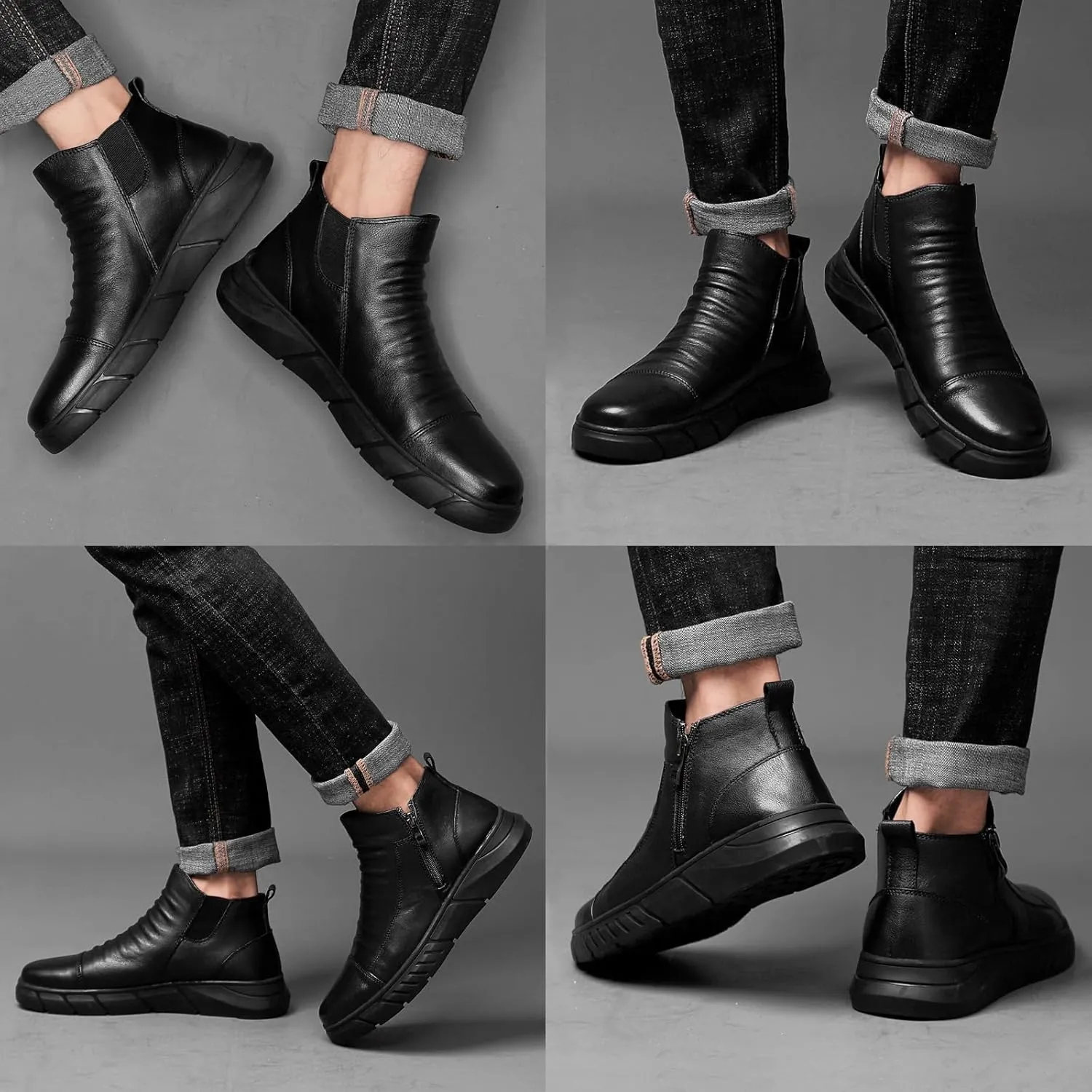 Optigard Men's Italian High-top Casual Leather Boots,Side Zipper Waterproof Non-Slip Warm Fur Lined Business Dress Booties Chelsea Chukka Ankle Boots for Men