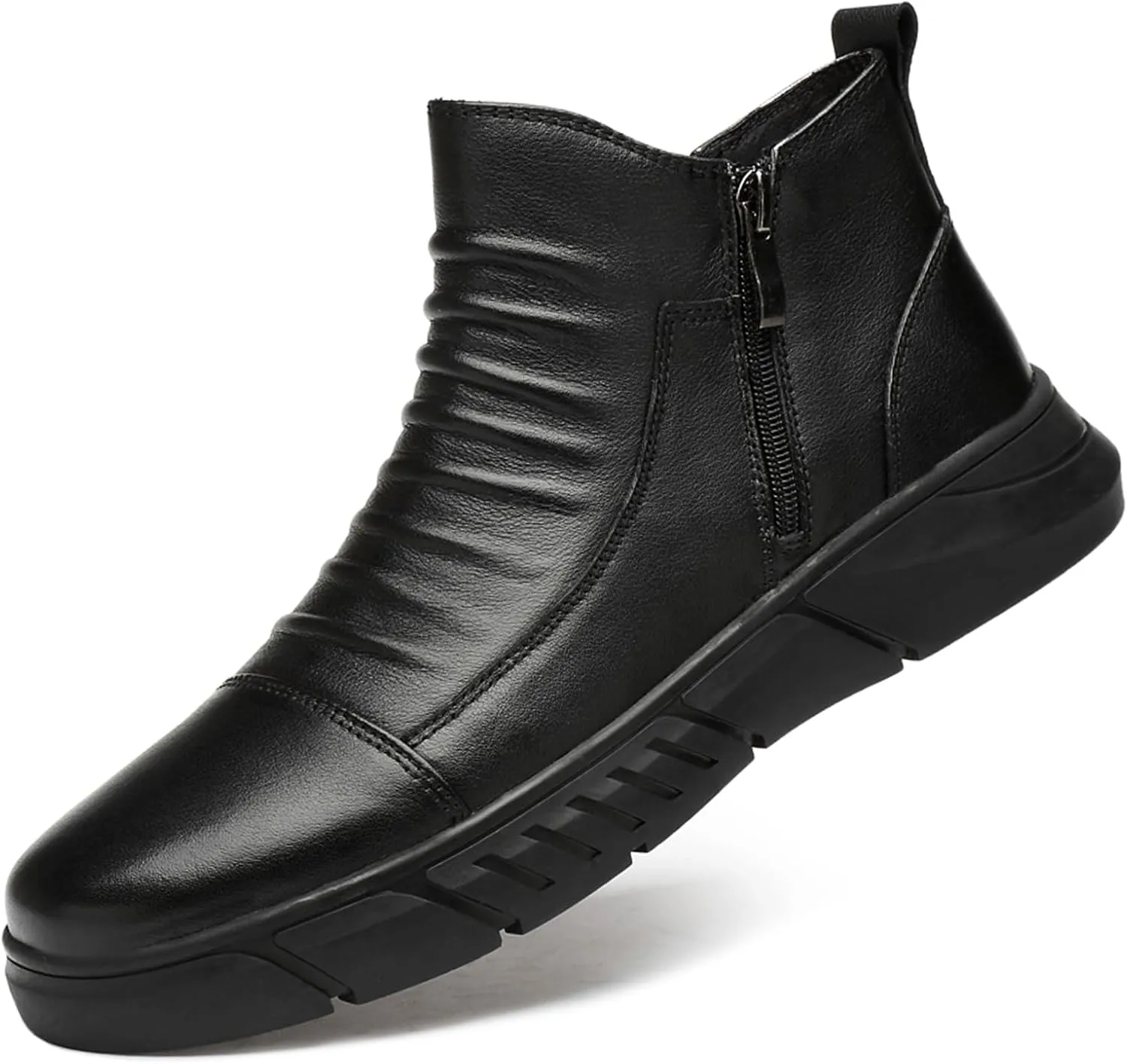 Optigard Men's Italian High-top Casual Leather Boots,Side Zipper Waterproof Non-Slip Warm Fur Lined Business Dress Booties Chelsea Chukka Ankle Boots for Men