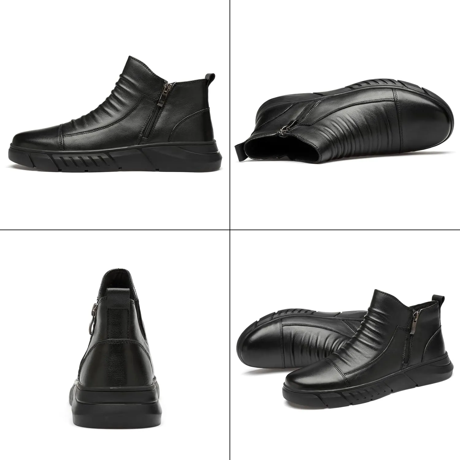 Optigard Men's Italian High-top Casual Leather Boots,Side Zipper Waterproof Non-Slip Warm Fur Lined Business Dress Booties Chelsea Chukka Ankle Boots for Men
