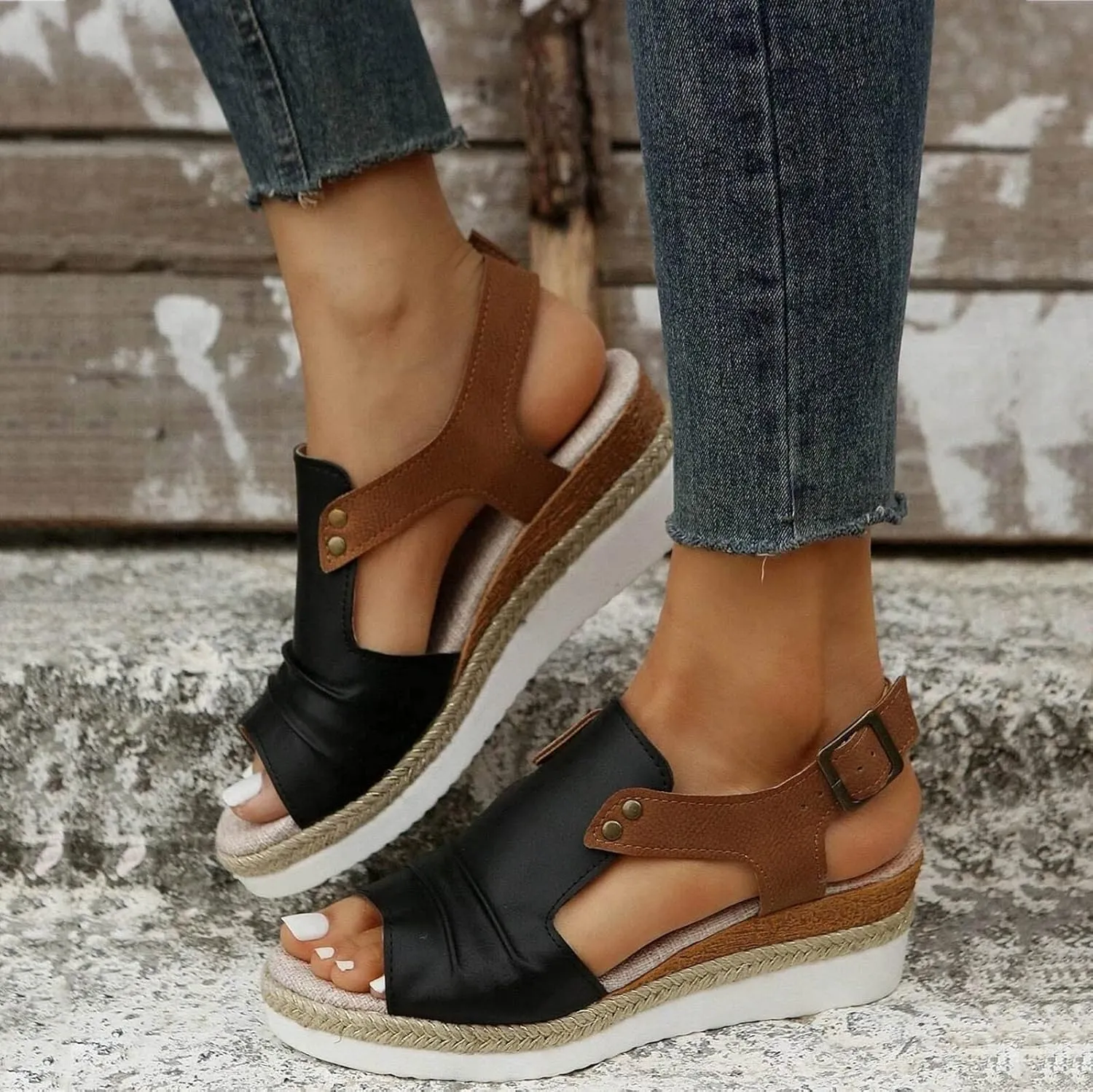 Orthopedic Platform Wedge Sandals for Women Summer Dressy Flat 2023 Open Toe Ankle Strap Espadrilles Casual Strappy Slip on Beach Boho Comfortable Outdoor Shoes (Black #2, 6.5)