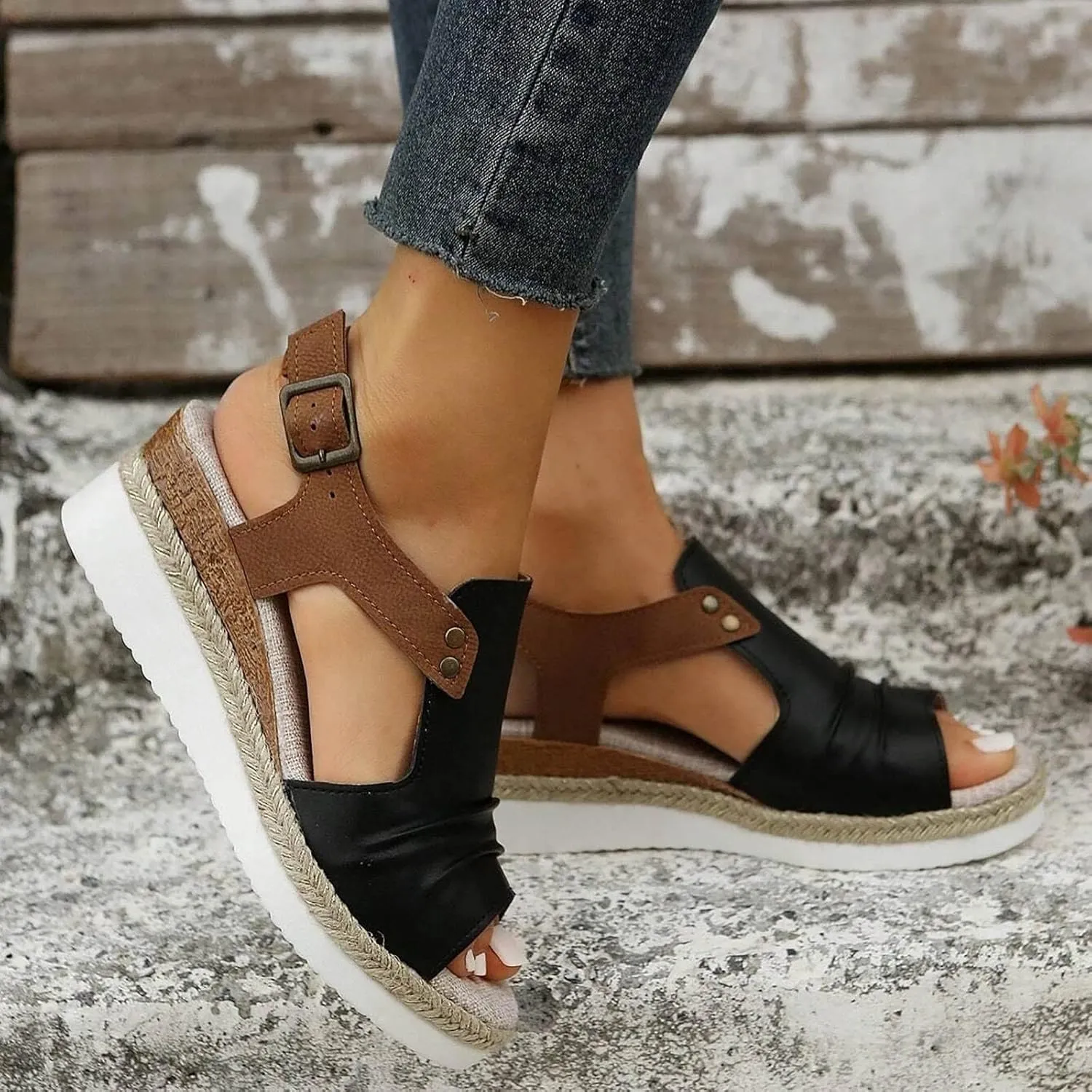 Orthopedic Platform Wedge Sandals for Women Summer Dressy Flat 2023 Open Toe Ankle Strap Espadrilles Casual Strappy Slip on Beach Boho Comfortable Outdoor Shoes (Black #2, 6.5)