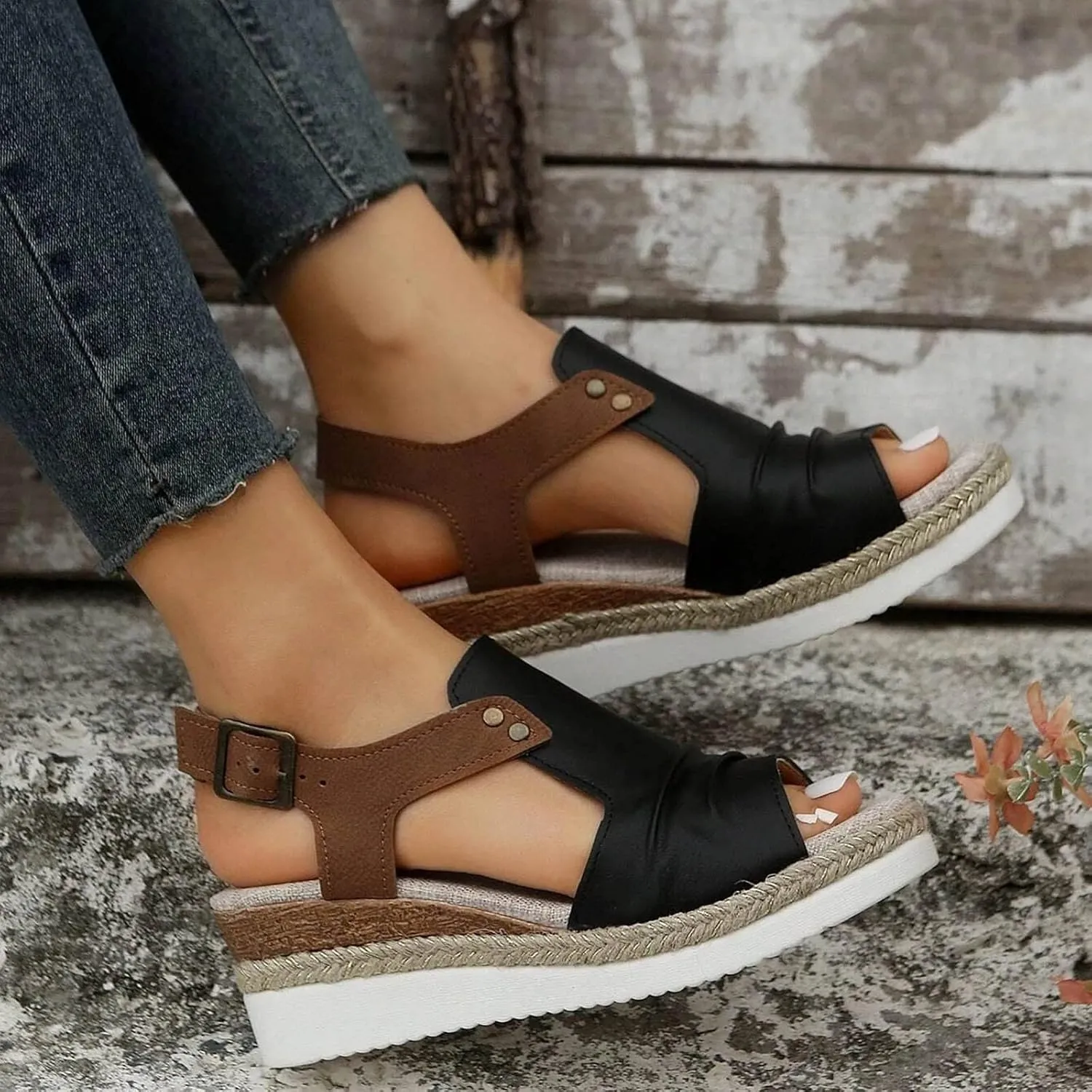 Orthopedic Platform Wedge Sandals for Women Summer Dressy Flat 2023 Open Toe Ankle Strap Espadrilles Casual Strappy Slip on Beach Boho Comfortable Outdoor Shoes (Black #2, 6.5)