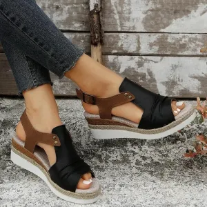 Orthopedic Platform Wedge Sandals for Women Summer Dressy Flat 2023 Open Toe Ankle Strap Espadrilles Casual Strappy Slip on Beach Boho Comfortable Outdoor Shoes (Black #2, 6.5)
