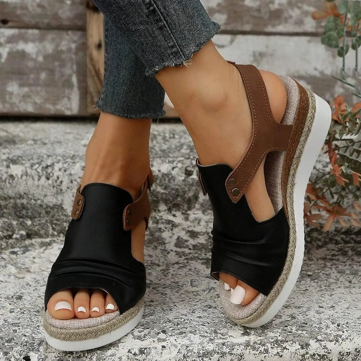 Orthopedic Platform Wedge Sandals for Women Summer Dressy Flat 2023 Open Toe Ankle Strap Espadrilles Casual Strappy Slip on Beach Boho Comfortable Outdoor Shoes (Black #2, 6.5)