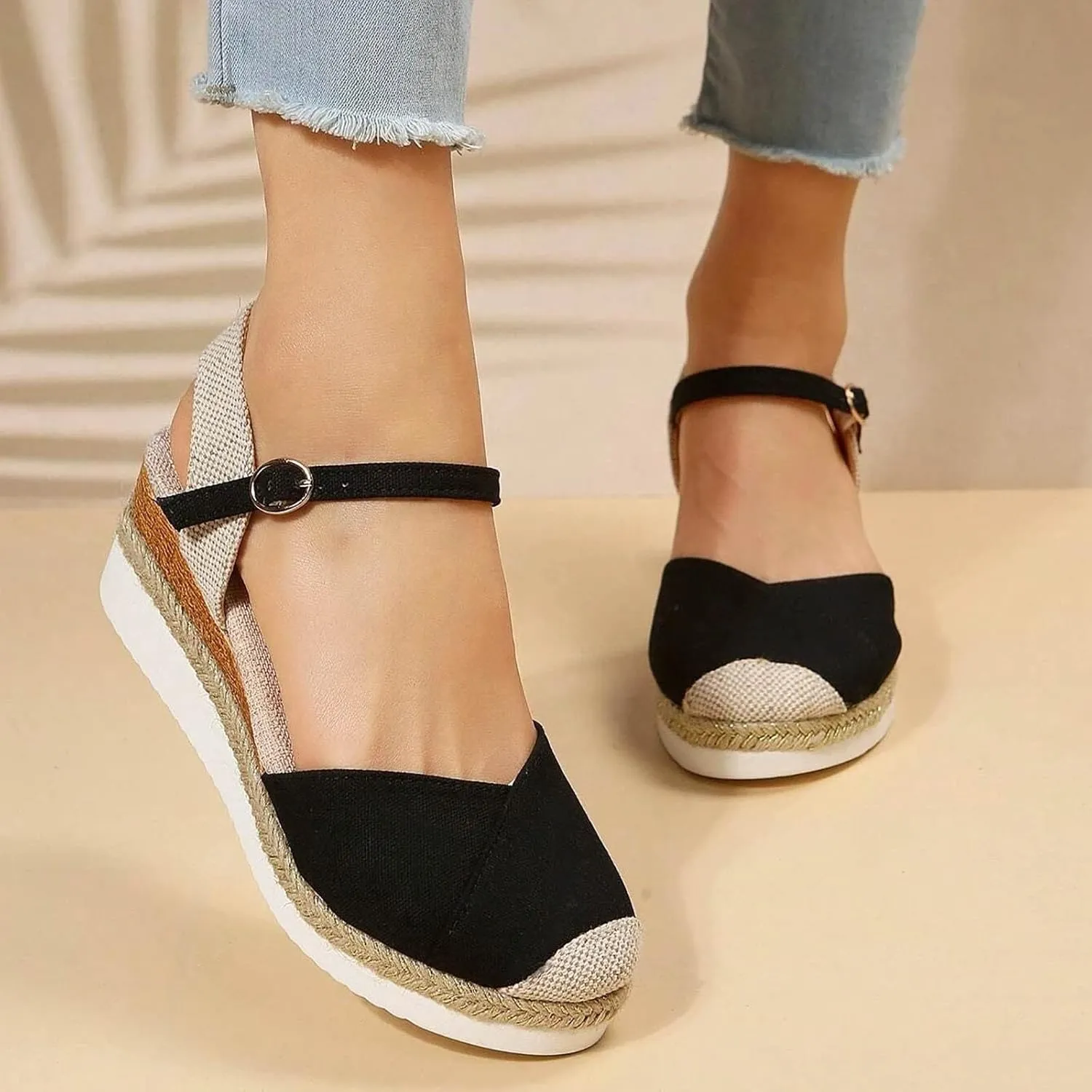 Orthopedic Platform Wedge Sandals for Women Summer Dressy Flat 2023 Open Toe Ankle Strap Espadrilles Sandals Casual Strappy Slip on Sandals Beach Boho Sandals Comfortable Outdoor Shoes (Black #1, 9)