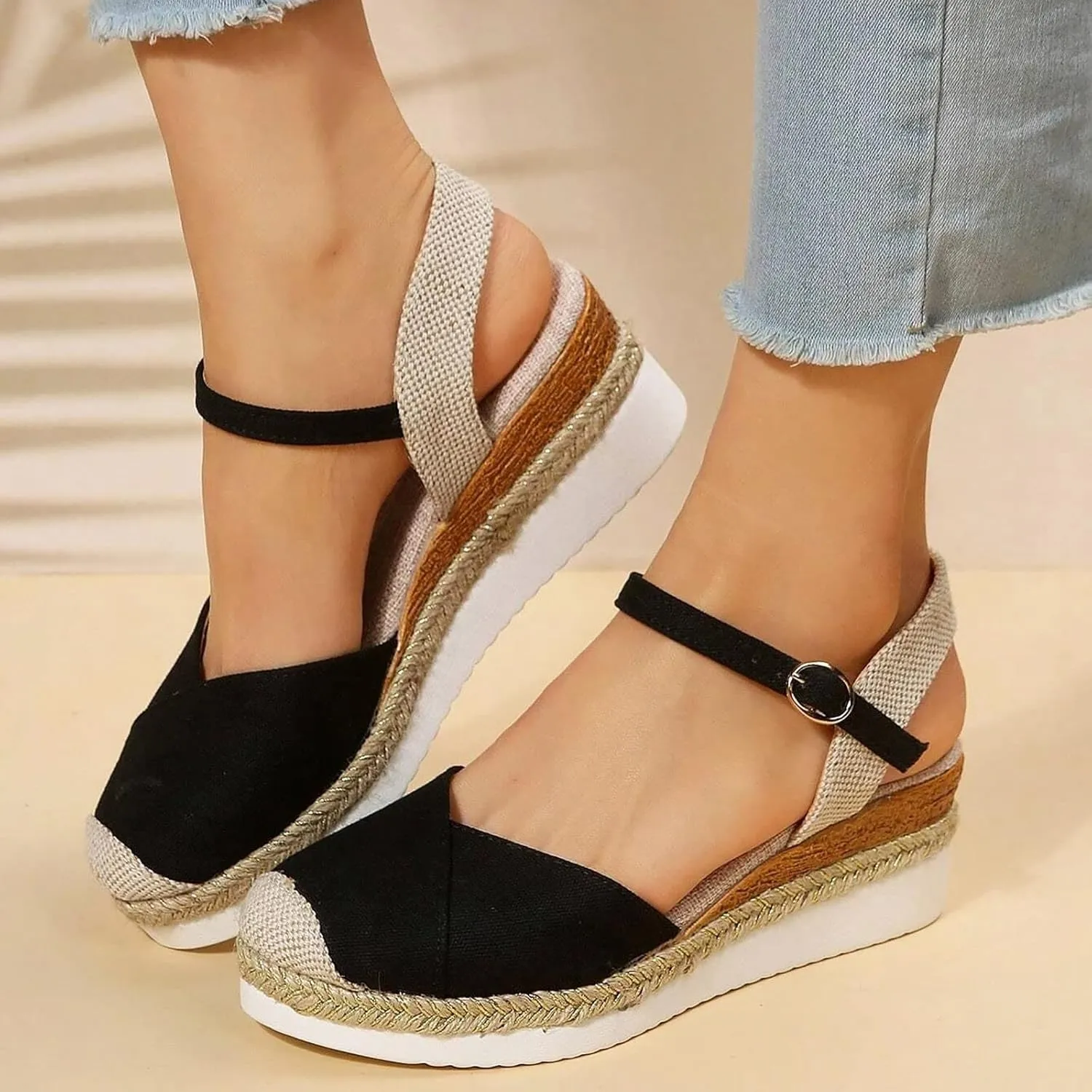 Orthopedic Platform Wedge Sandals for Women Summer Dressy Flat 2023 Open Toe Ankle Strap Espadrilles Sandals Casual Strappy Slip on Sandals Beach Boho Sandals Comfortable Outdoor Shoes (Black #1, 9)