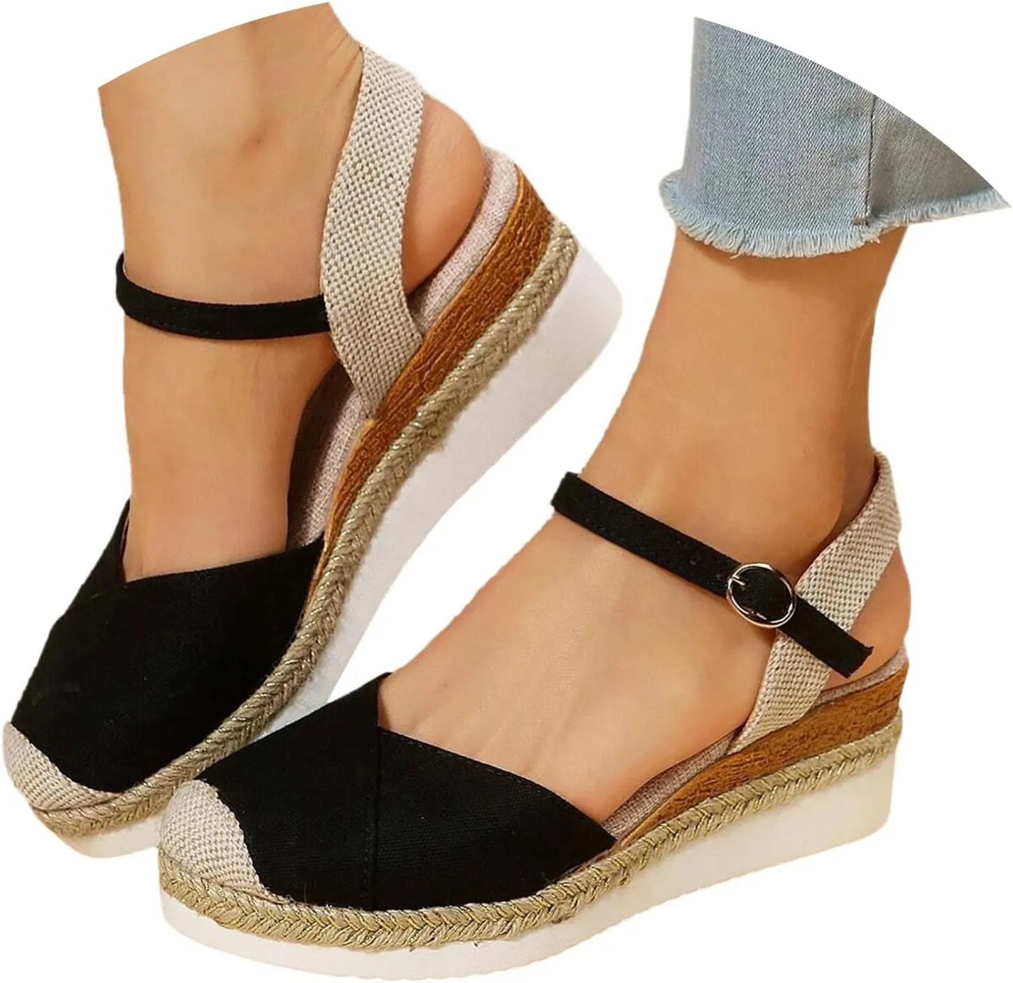 Orthopedic Platform Wedge Sandals for Women Summer Dressy Flat 2023 Open Toe Ankle Strap Espadrilles Sandals Casual Strappy Slip on Sandals Beach Boho Sandals Comfortable Outdoor Shoes (Black #1, 9)