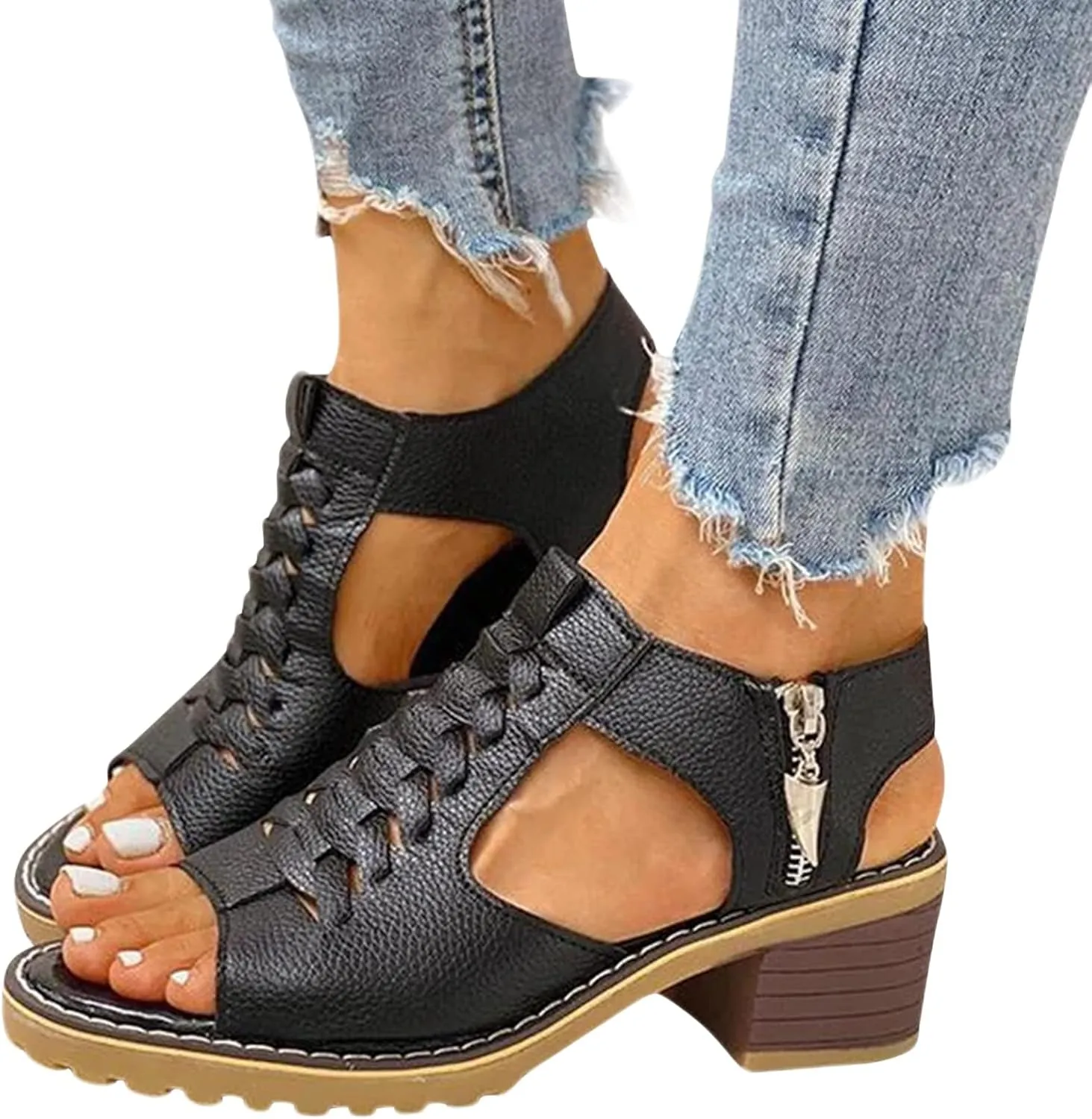 Orthopedic Sandals for Women Casual Fish Mouth WedgeSandals Peep Toe Cutout Zipper Chunky Heeled Sandal Thick Sole Wedge Slippers Comfortable Platform Slip On Shoes