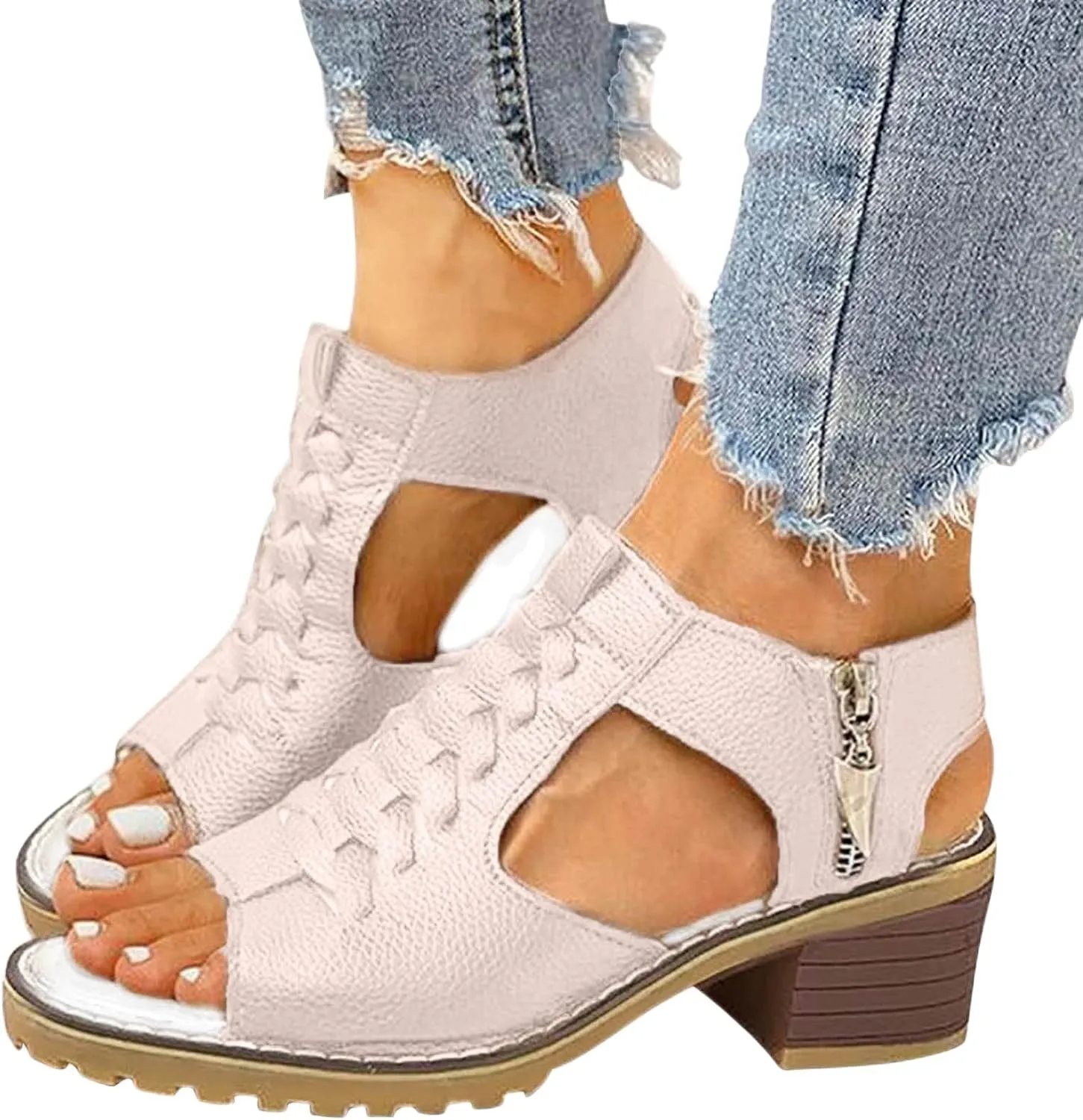 Orthopedic Sandals for Women Casual Fish Mouth WedgeSandals Peep Toe Cutout Zipper Chunky Heeled Sandal Thick Sole Wedge Slippers Comfortable Platform Slip On Shoes