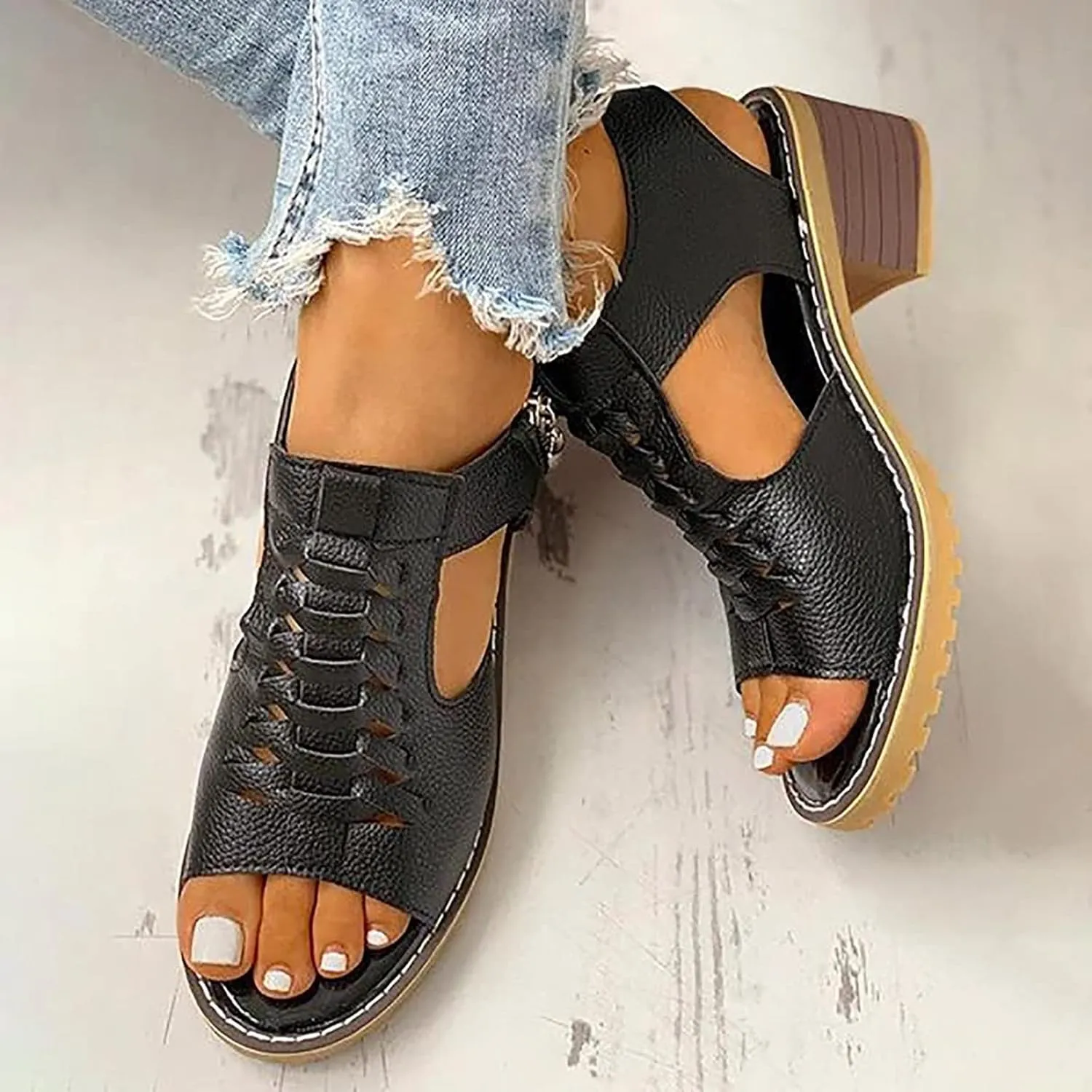 Orthopedic Sandals for Women Casual Fish Mouth WedgeSandals Peep Toe Cutout Zipper Chunky Heeled Sandal Thick Sole Wedge Slippers Comfortable Platform Slip On Shoes