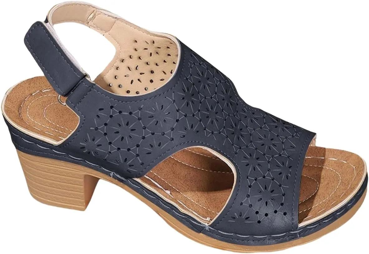 Orthopedic Sandals for Women Open Toe Slip-On Comfortable Chunky Heels Sandal Dressy Casual Summer Wedge Sandals Ankle Strap Slingback Walking Shoes Soft Leather Shoes