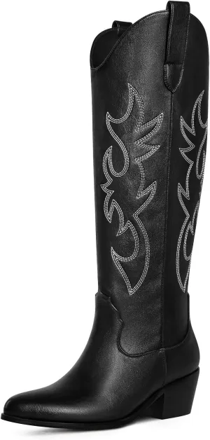 Ouepiano White Cowgirl Boots Women Cowboy Knee High Tall Boots Chunky Heel Pointed Toe Pull-On Western Wide Calf Boats Country Fashion
