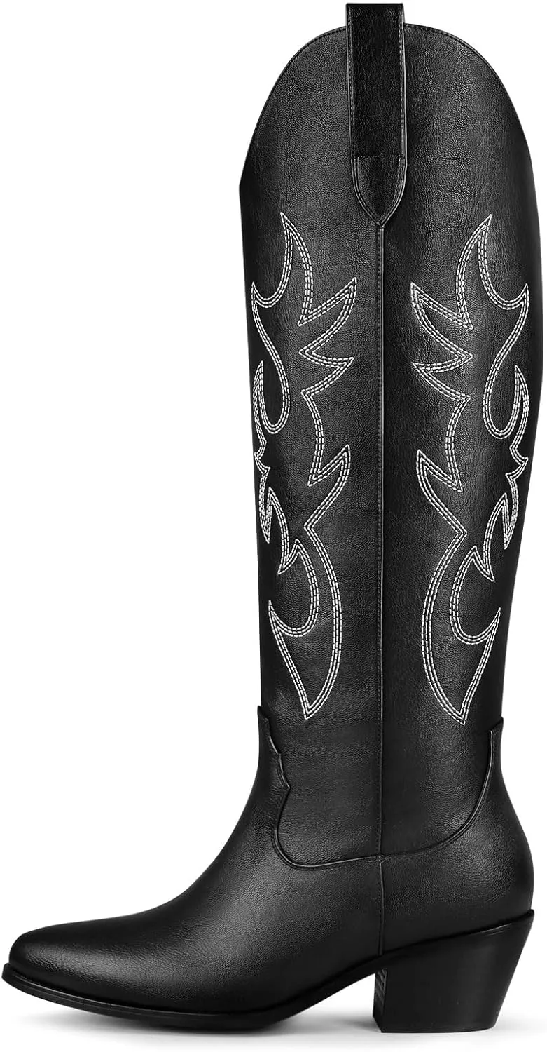 Ouepiano White Cowgirl Boots Women Cowboy Knee High Tall Boots Chunky Heel Pointed Toe Pull-On Western Wide Calf Boats Country Fashion